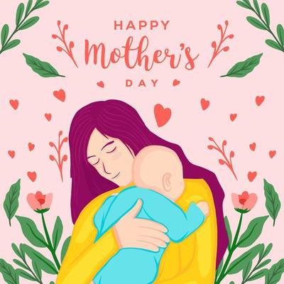 mother's day greeting card with mother hugging baby and floral