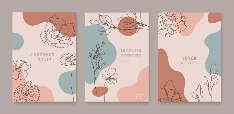 Vector set of continuous line flowers, leaves covers, banners, posters, cards, social media stories, flyers design templates. Trendy design with waves
