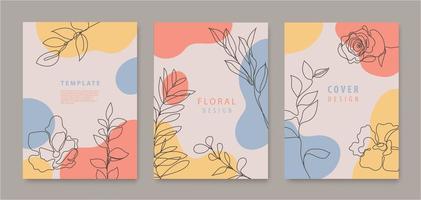 Vector set of continuous line flowers, leaves covers, banners, posters, cards, social media stories, flyers design templates. Trendy design with waves, pastel color