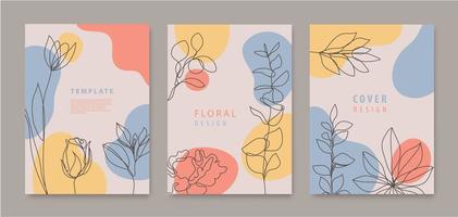 conjunto vectorial de flores de línea continua, cubiertas de hojas, pancartas, afiches, tarjetas, historias de medios sociales, plantillas de diseño de volantes. diseño de moda con ondas, color pastel vector