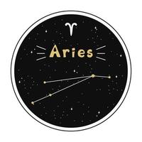 Aries. signo del zodiaco y constelación en un círculo. conjunto de signos del zodiaco en estilo garabato, dibujados a mano. vector