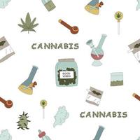 Hand Drawn Cannabis, Marijuana Elements Seamless Pattern. Lighter, Pizza, Cupcakes And More. Vector Flat Illustrations