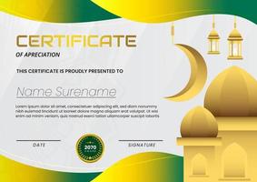certificado con fondo de mezquita y color verde dorado adecuado para la plantilla de concepto de ramadán