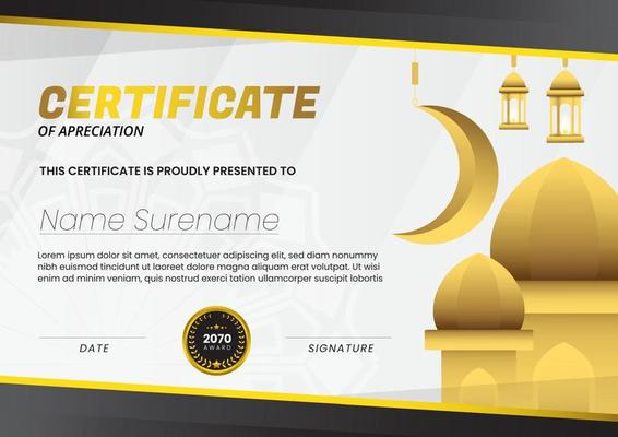 Certificate with Mosque Background and Black Gold Color Suitable for Ramadan Concept Template