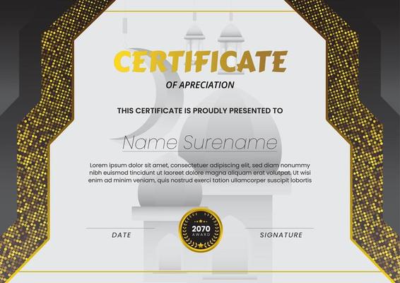 Certificate with Mosque Background and Black Gold Color Suitable for Ramadan Concept Template