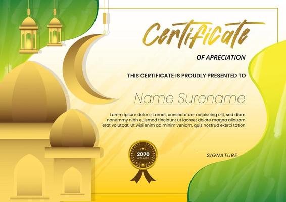 Certificate with Mosque Background and Green Gold Watercolor Suitable for Ramadan Concept Template