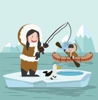 Arctic eskimo fishing on ice floe cartoon vector