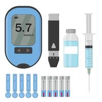 conjunto de iconos con medidor de glucosa en sangre, pluma de insulina, jeringa, ilustración vectorial aislada vector