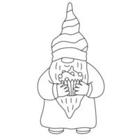 Funny gnome with an  Easter cake. Doodle hand drawn illustration black outline. Great for greeting cards, coloring books. vector