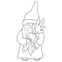 Easter funny gnome with carrot. Doodle hand drawn illustration black outline. Great for greeting cards, coloring books. vector