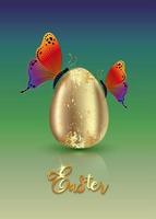 Realistic golden egg with luxury colorful butterflies, Easter concept vector illustration isolated on colorful gradient background