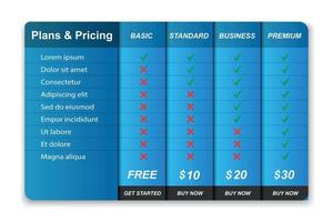 Comparison pricing table. vector