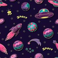 Space pattern with planets, a rocket, and UFO's. Starry sky. Vector background.