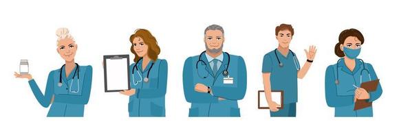 Positive doctors on a white background. A team of doctors. Health care. Vector illustration.