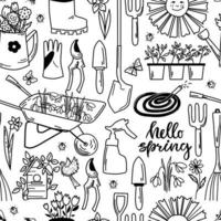 Garden tools c with flowers and calligraphy seamless pattern in contour style. Coloring book. Vector illustration.