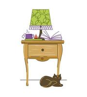 mesita de noche con una lámpara, un libro y una taza de té, y un gato. el interior del dormitorio. vector. vector