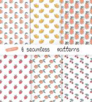 set of seamless patterns with fruits lemons,pears, pineapples, cherries, strawberries and tangerine. Minimalistic abstract backgrounds. Vector. vector