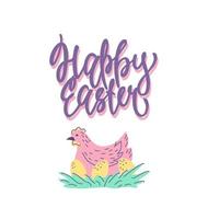 Easter greeting card with chicken and eggs. Vector illustration.