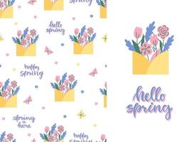 Cute spring seamless pattern with flowers, butterflies and text. Greeting card Hello Spring. Vector illustration.