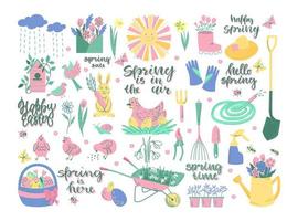 Spring set of elements with lettering. Easter, spring, garden. Vector illustration.