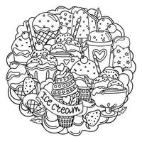 Ice cream coloring book for adults and children. Outline. Vector set of ice cream.