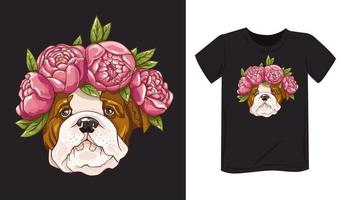 dog with flowers. Bulldog in peonies-print on clothes, poster, background. Hand-drawn vector illustration.