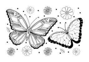 mariposas y flores sobre un fondo blanco. Libro para colorear antiestrés para adultos. ilustración vectorial vector