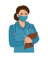 doctor in a medical mask writes down the medical history. Healthcare. Vector illustration.
