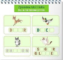 Fill the missing letter of each word worksheet for children vector