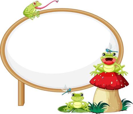 Blank wooden signboard with frog in cartoon style