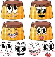 Set of facial expression vintage style cartoon with pudding on white background vector