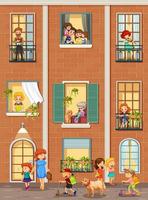 Apartment windows with neighbors cartoon character vector