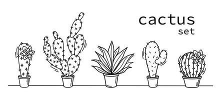 set of cacti on a white background. Vector contour illustration.