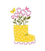 Rubber boot with flowers. Spring greeting card. Vector hand illustration.