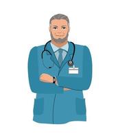 positive doctor with a stethoscope stands on a white background. Healthcare. Vector illustration.