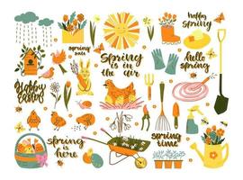 Spring set. Happy Easter with rabbit, eggs, chicken, inscriptions. Hello spring with garden items. Vector set.