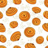 Seamless cinnamon bun pattern on white background. Cartoon vector background.