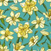 Colorful daffodils on a blue background. Seamless hand-held background. Vector. vector