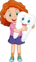 Happy kid holding a big tooth on white background vector