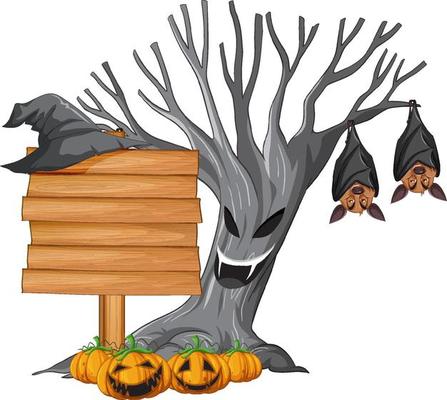 Blank wooden signboard with bat in halloween theme