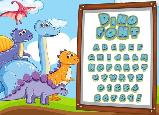 Font design for english alphabets in dinosaur character on white board