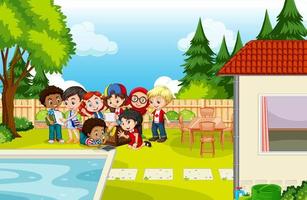 Scene of backyard with kids and fence vector