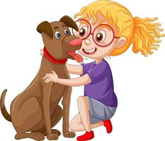 A happy girl sitting on the floor and pets dog vector