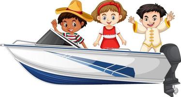 Boy and girl standing on a speed boat on a white background vector