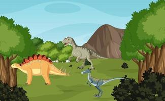 escena de la naturaleza con árboles en las montañas con dinosaurio vector