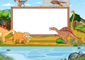 Nature scene with trees on mountains with sign board and dinosaur vector