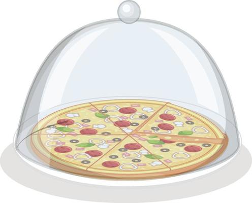 Pizza on plate with glass cover on white background