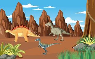 escena de la naturaleza con árboles en las montañas con dinosaurio vector