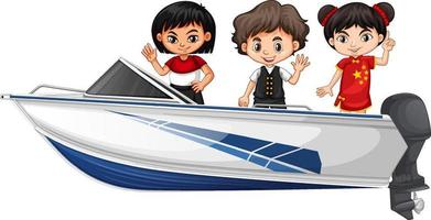 Boy and girl standing on a speed boat on a white background vector