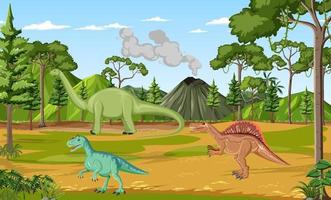 escena con dinosaurios en el bosque vector